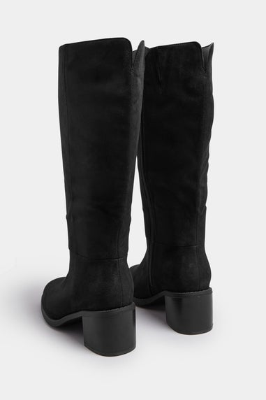 Yours Black Faux Suede Block Heel Knee High Boots In Extra Wide EEE Fit