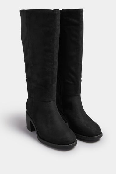 Yours Black Faux Suede Block Heel Knee High Boots In Extra Wide EEE Fit