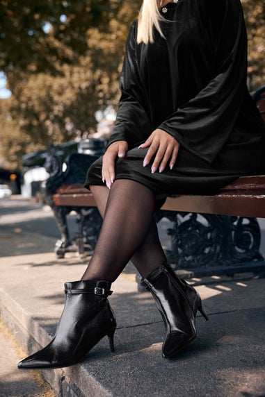 Yours Black Buckle Pointed Toe Kitten Heel Boots In Extra Wide EEE Fit