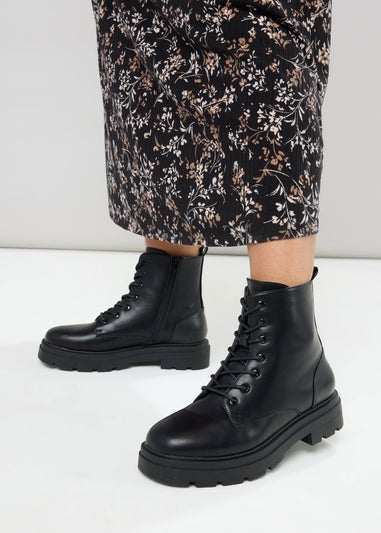 Yours Black Faux Leather Chunky Lace Up Boots In Extra Wide EEE Fit