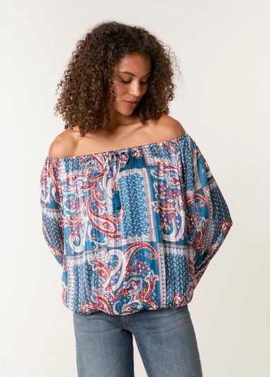 Blue Vanilla Turquoise Paisley Printed Bardot Puff Ball Blouse