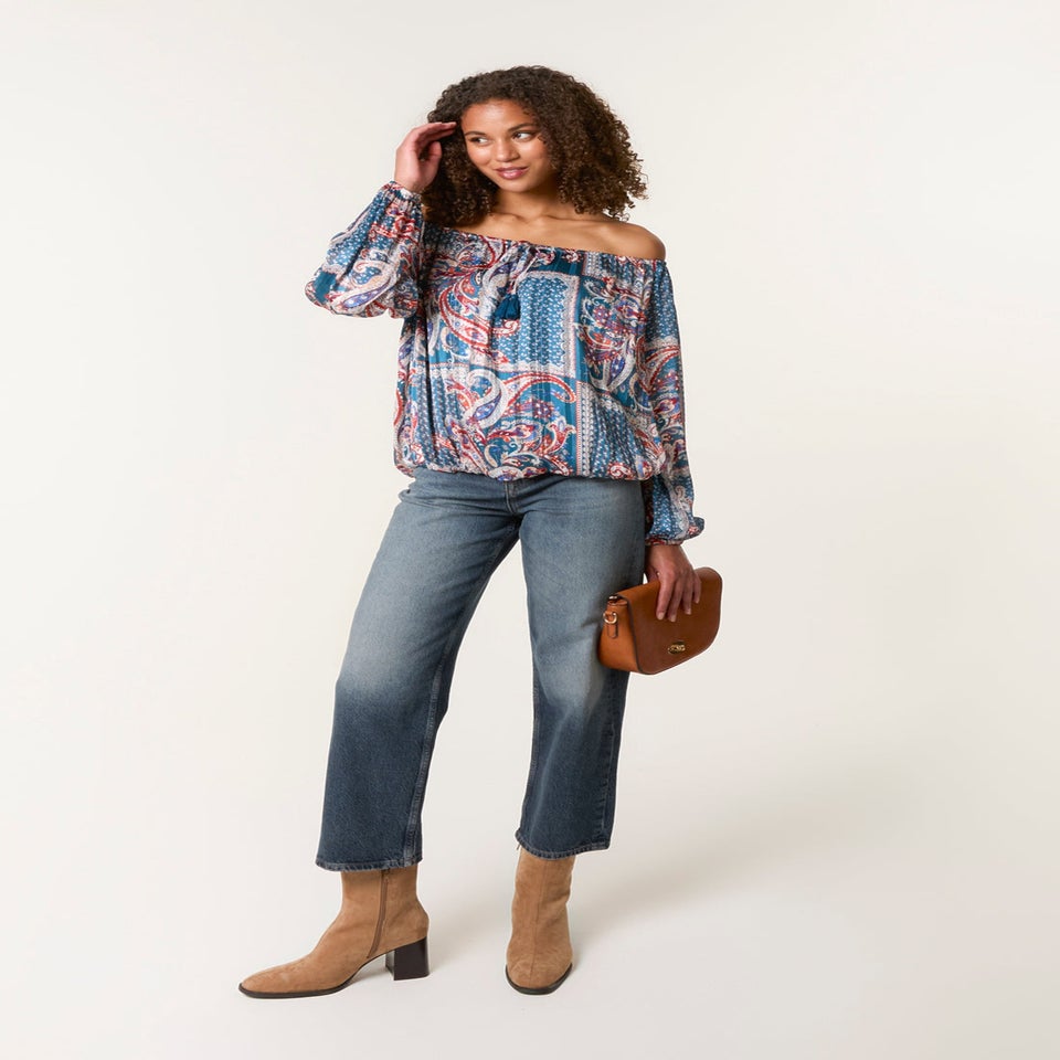 Blue Vanilla Turquoise Paisley Printed Bardot Puff Ball Blouse