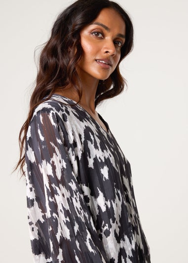 Blue Vanilla Black Metallic V Neck Bubble Hem Blouse