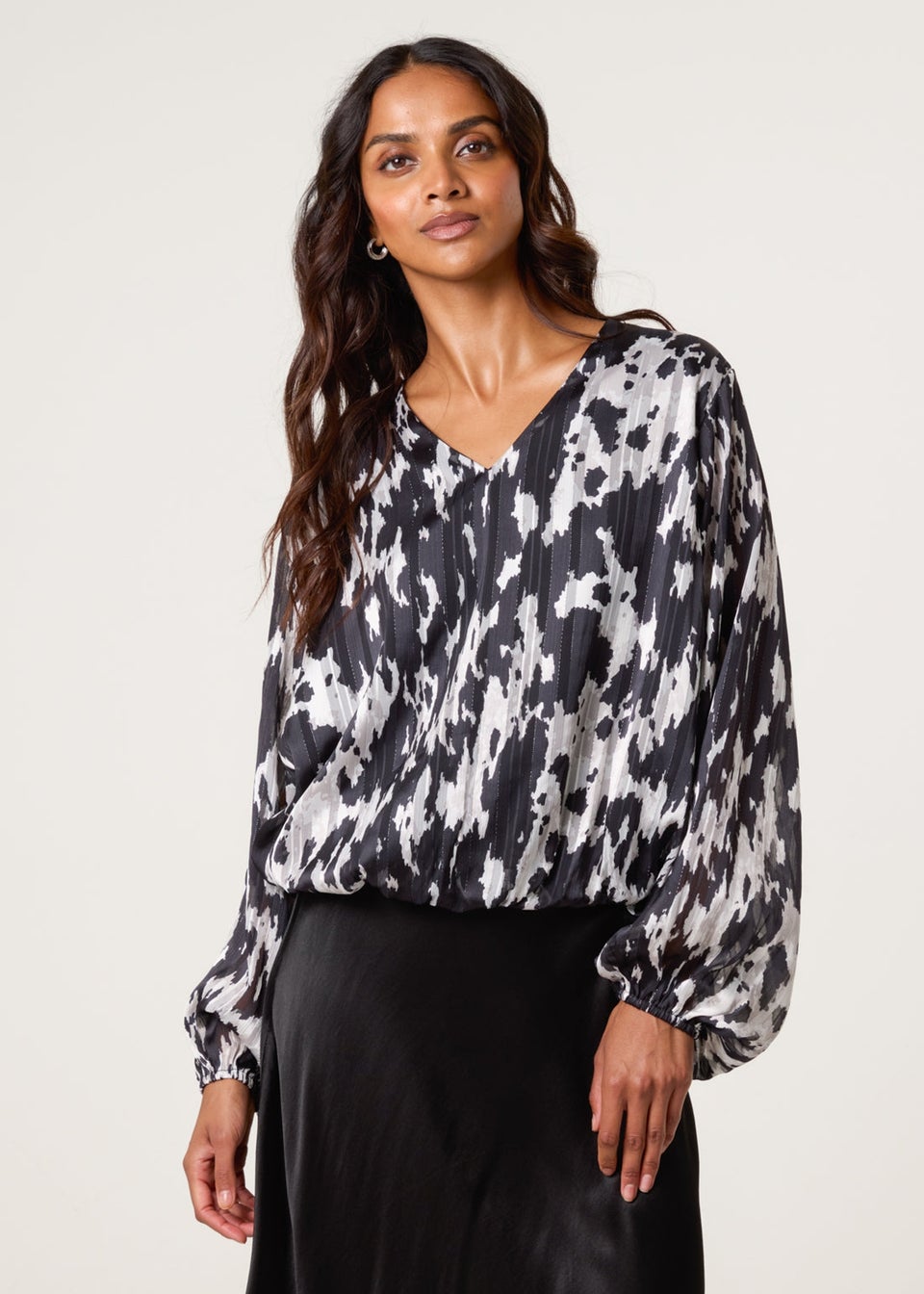 Blue Vanilla Black Metallic V Neck Bubble Hem Blouse