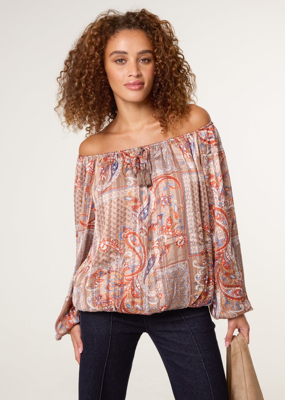 Blue Vanilla Beige Bardot Puff Ball Blouse