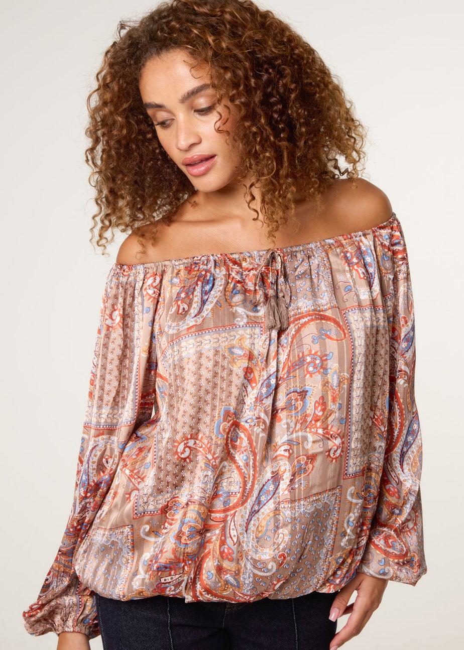 Blue Vanilla Beige Bardot Puff Ball Blouse