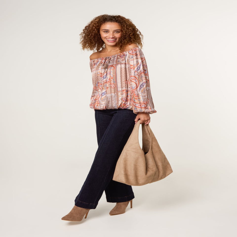 Blue Vanilla Beige Bardot Puff Ball Blouse