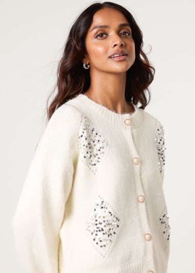 Blue Vanilla Ivory Diamante Sequin Brochure Button Front Cardigan
