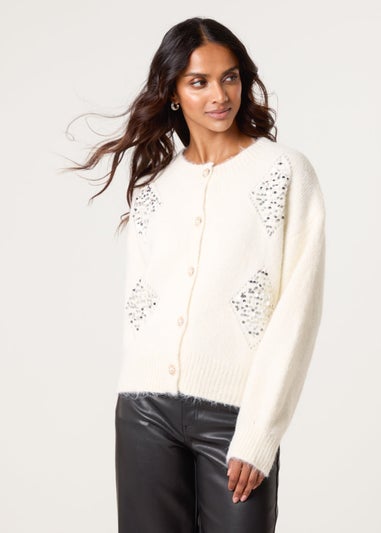 Blue Vanilla Ivory Diamante Sequin Brochure Button Front Cardigan