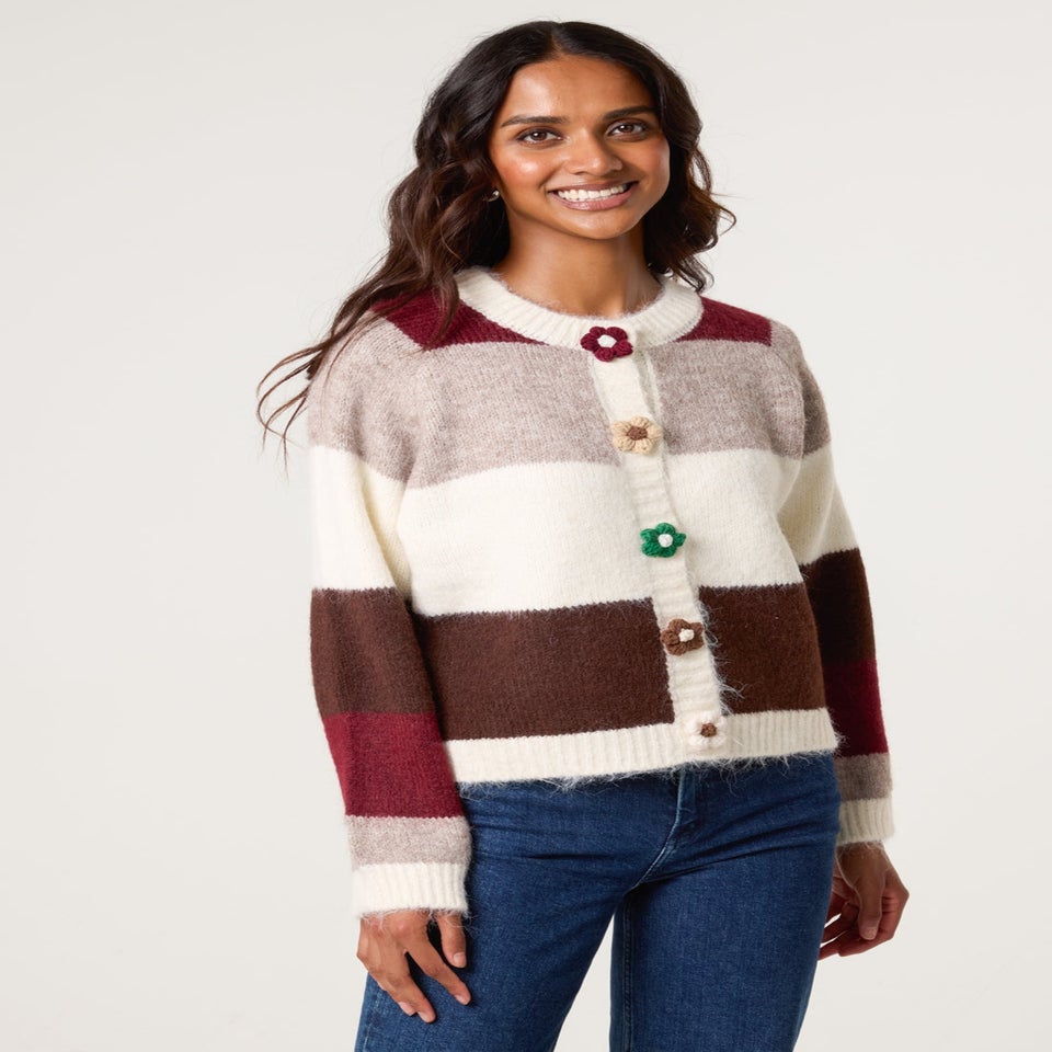 Blue Vanilla Ivory Multi Coloured Striped Cardigan With Flower Buttons