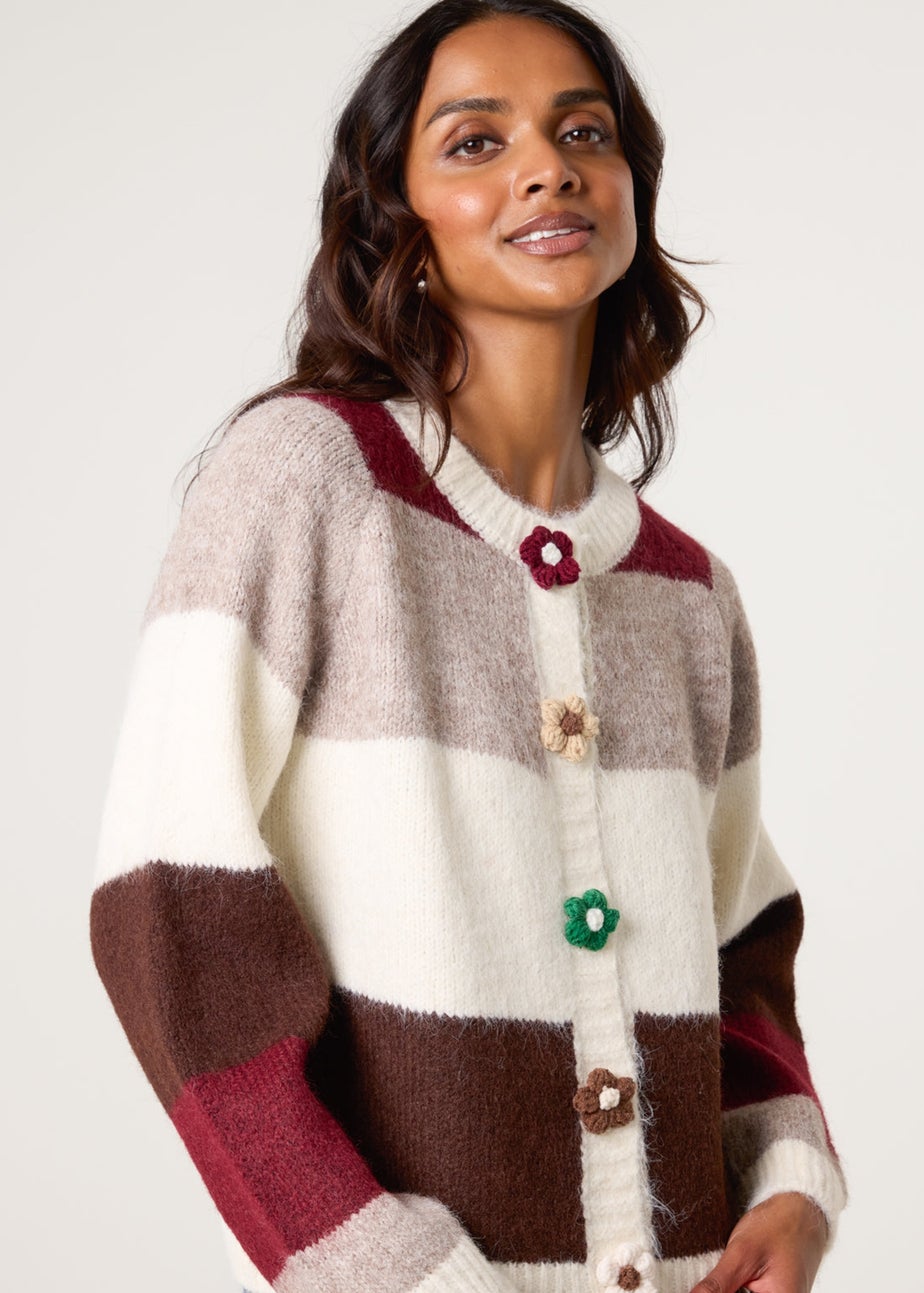 Blue Vanilla Ivory Multi Coloured Striped Cardigan With Flower