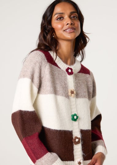 Blue Vanilla Ivory Multi Coloured Striped Cardigan With Flower Buttons