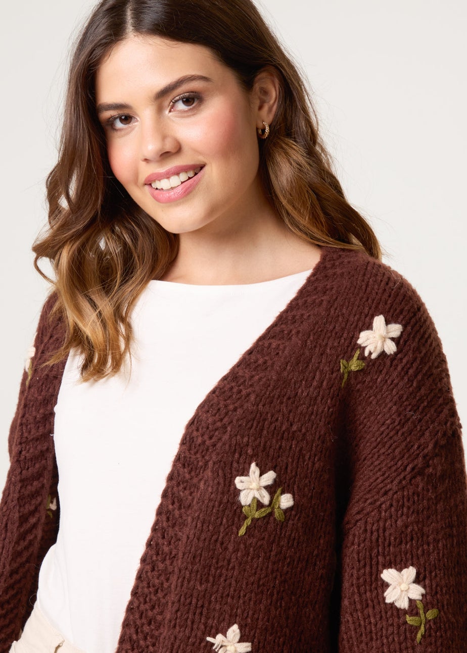Blue Vanilla Brown Flower Embroidery Detailed Cardigan