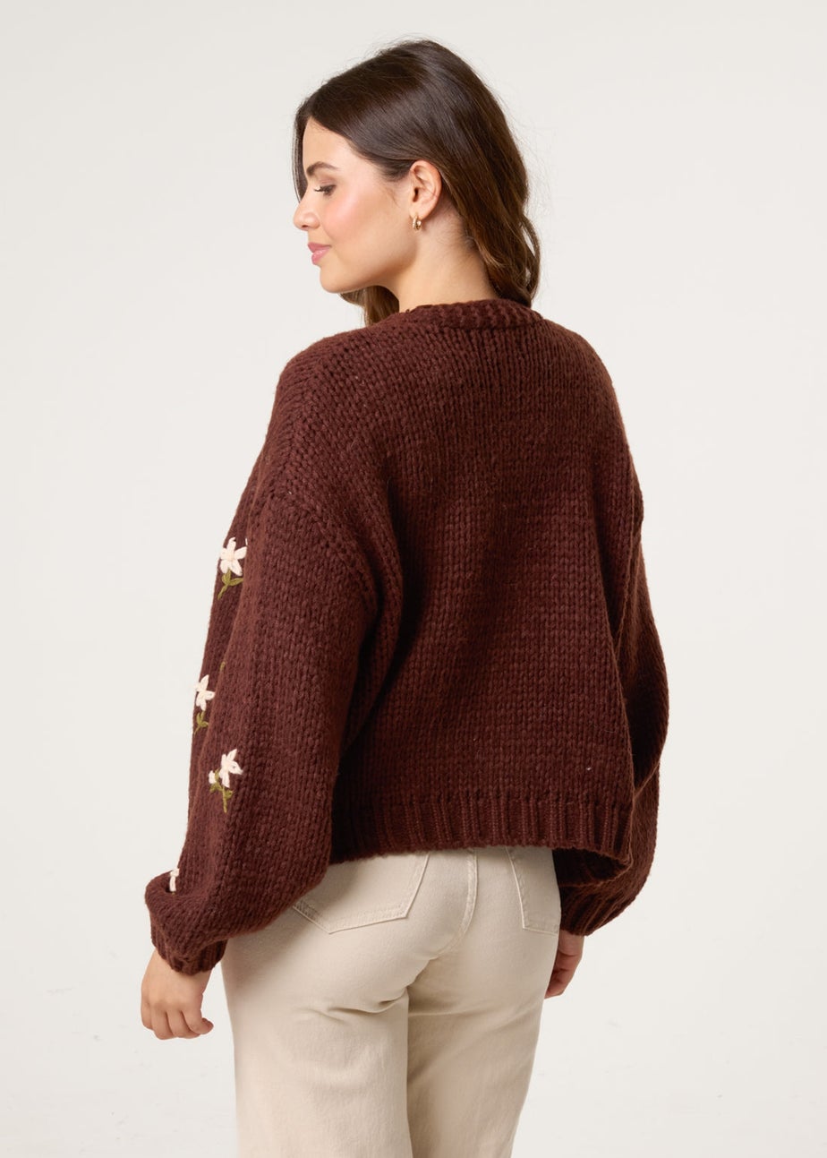 Blue Vanilla Brown Flower Embroidery Detailed Cardigan