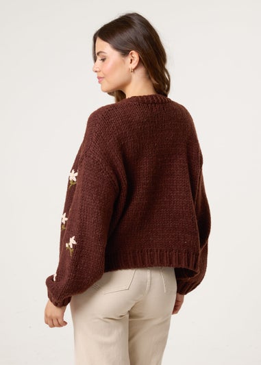 Blue Vanilla Brown Flower Embroidery Detailed Cardigan