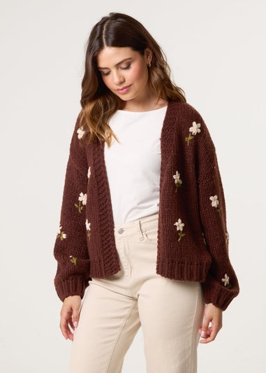 Blue Vanilla Brown Flower Embroidery Detailed Cardigan