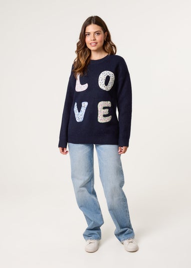 Blue Vanilla Navy Embroidered Love Design Jumper