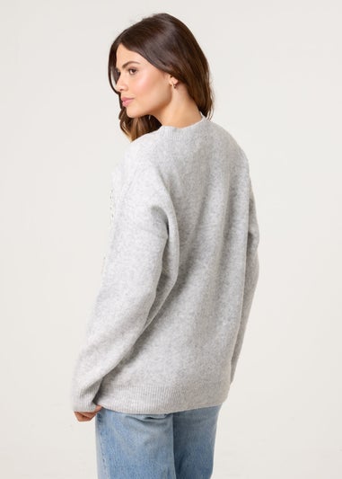 Blue Vanilla Grey Embroidered Love Design Jumper