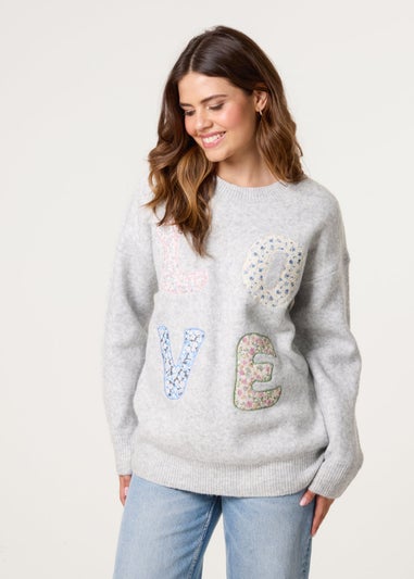 Blue Vanilla Grey Embroidered Love Design Jumper