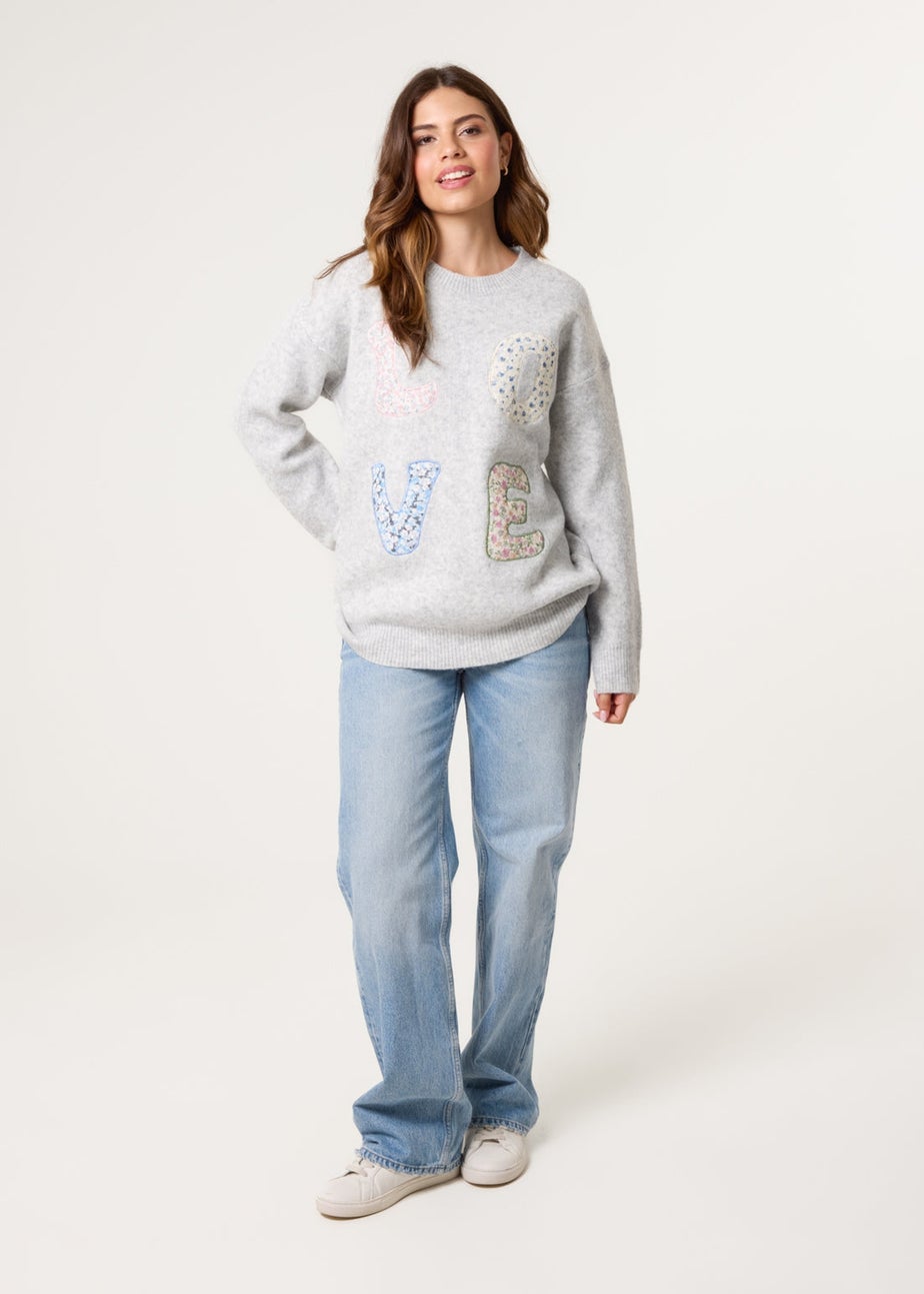 Blue Vanilla Grey Embroidered Love Design Jumper