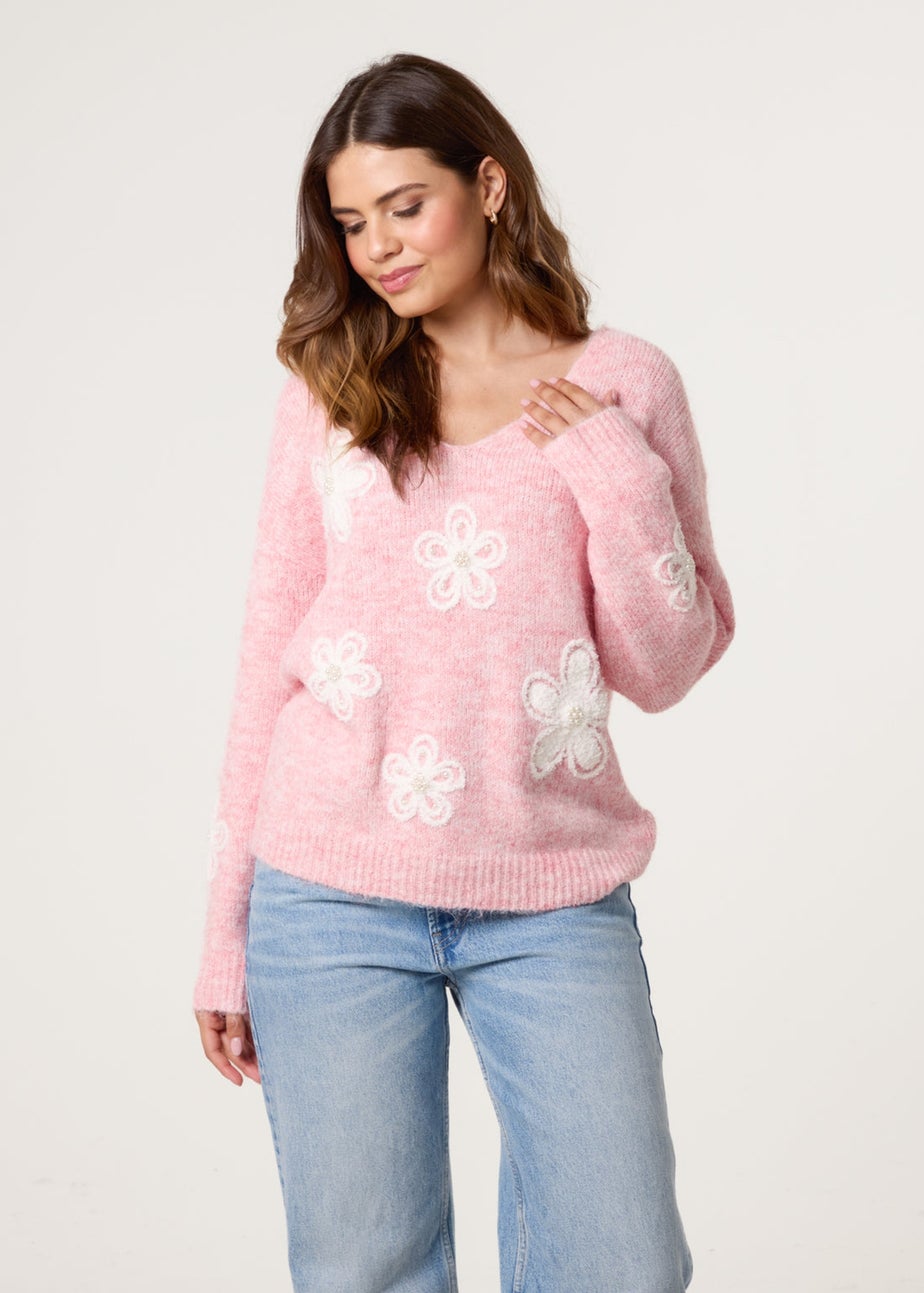 Blue Vanilla Pink V Neck Flower And Pearl Jumper