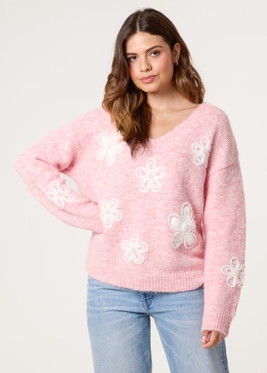Blue Vanilla Pink V Neck Flower And Pearl Jumper