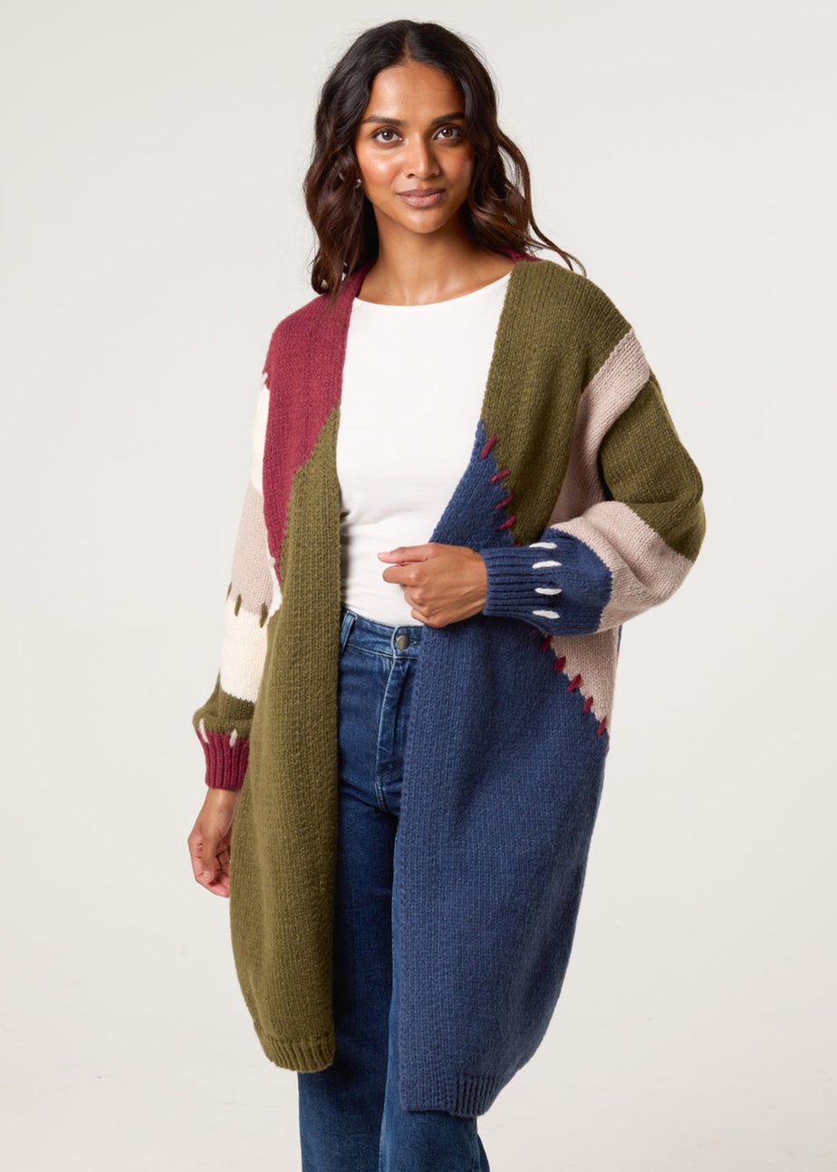 Blue Vanilla Navy Blanket Stitch Detailed Colourblock Cardigan