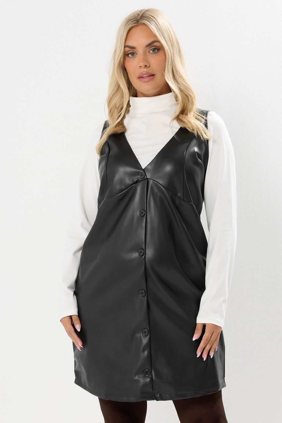 Yours Curve Black Faux Leather Pinafore Dress