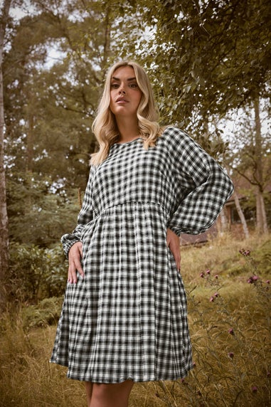 Yours Curve Black Check Textured Smock Dress