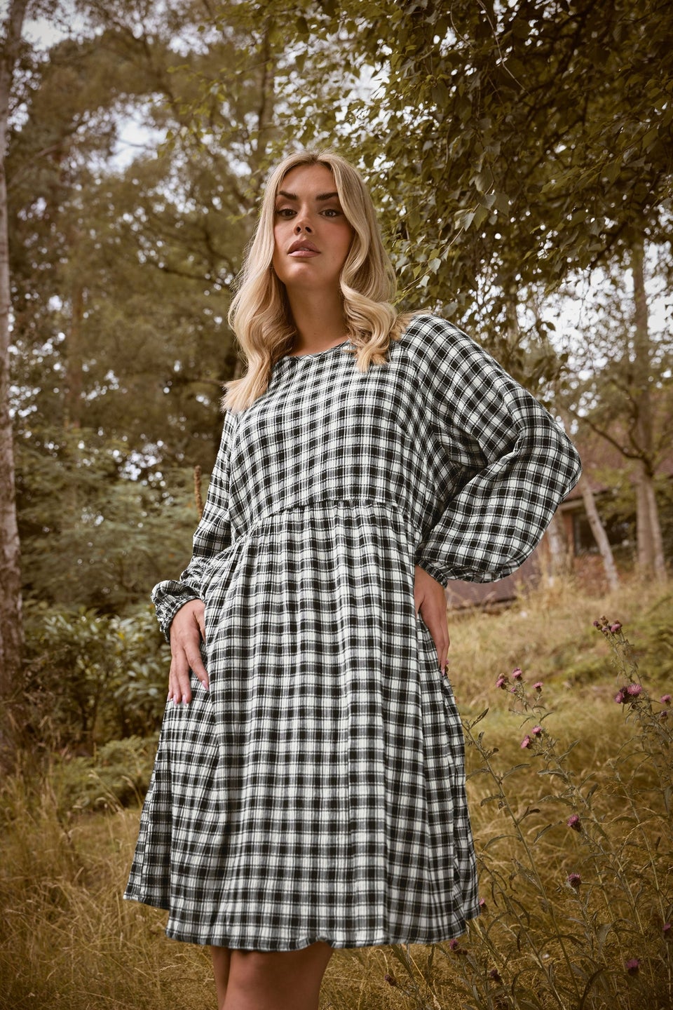 Yours Curve Black Check Textured Smock Dress