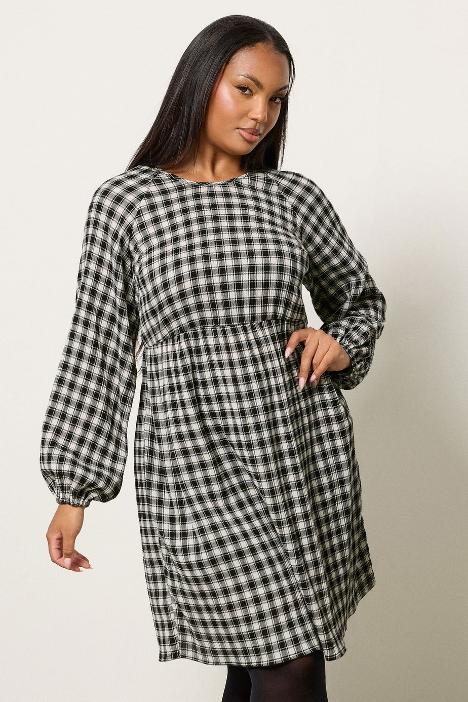 Yours Curve Black Check Textured Smock Dress