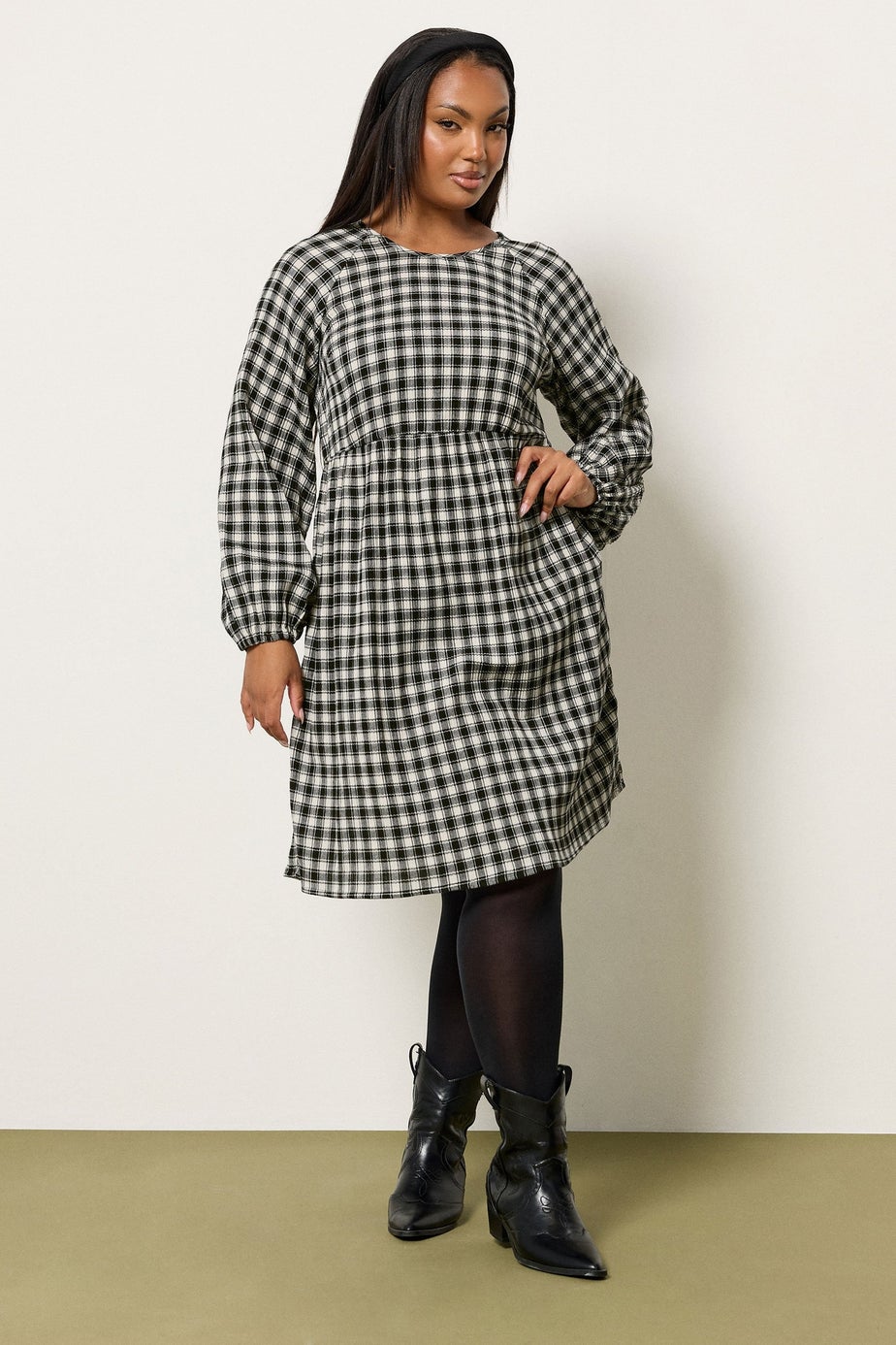 Yours Curve Black Check Textured Smock Dress