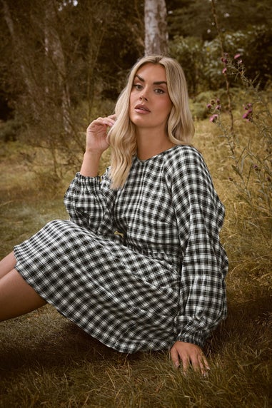 Yours Curve Black Check Textured Smock Dress