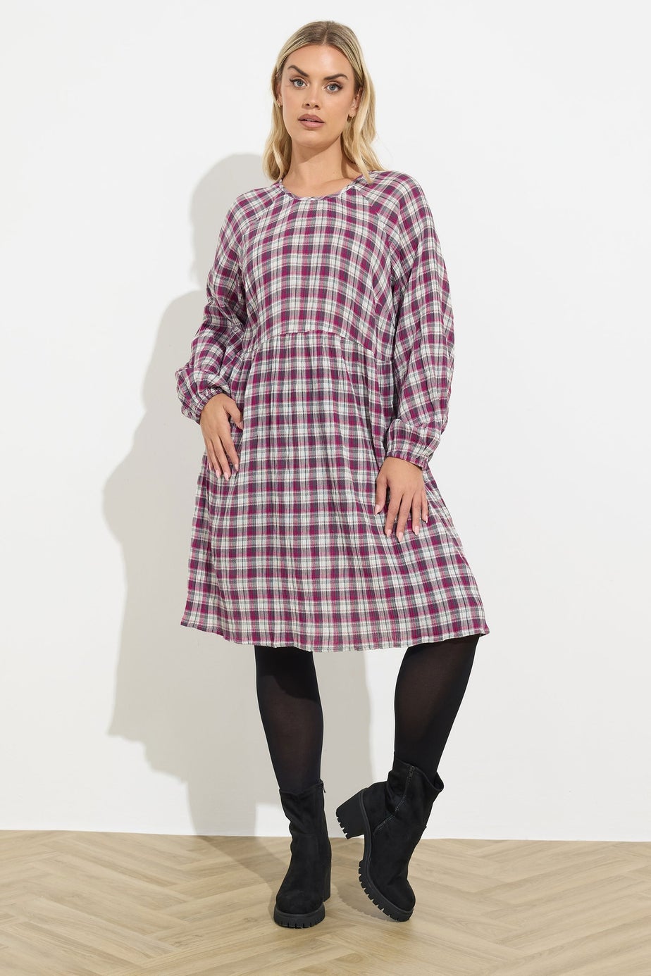 Yours Curve Pink Check Textured Smock Dress
