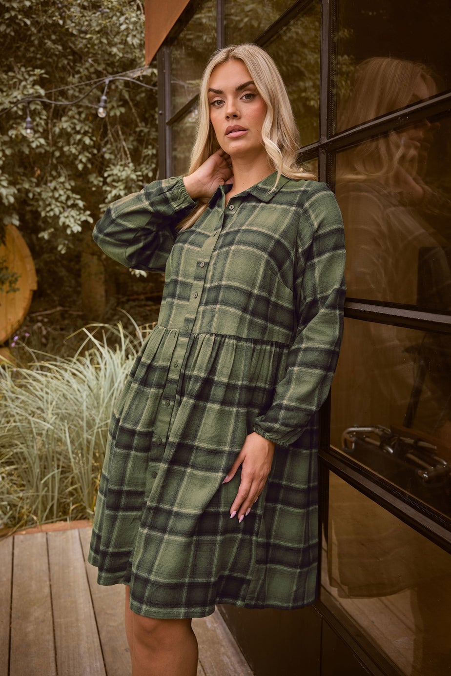Yours Curve Khaki Green Check Shirt Dress