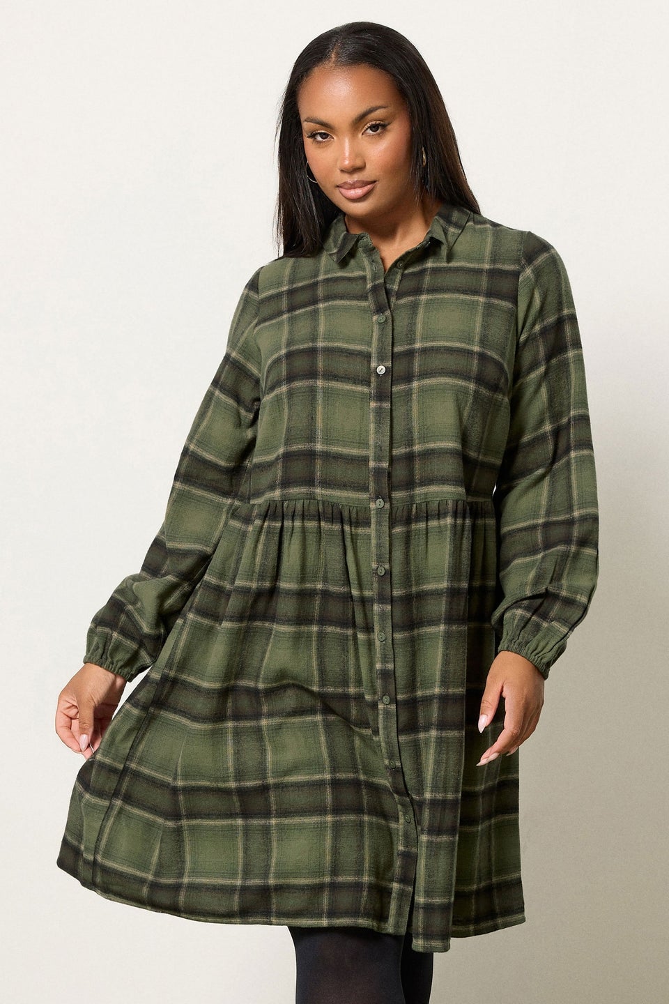 Yours Curve Khaki Green Check Shirt Dress
