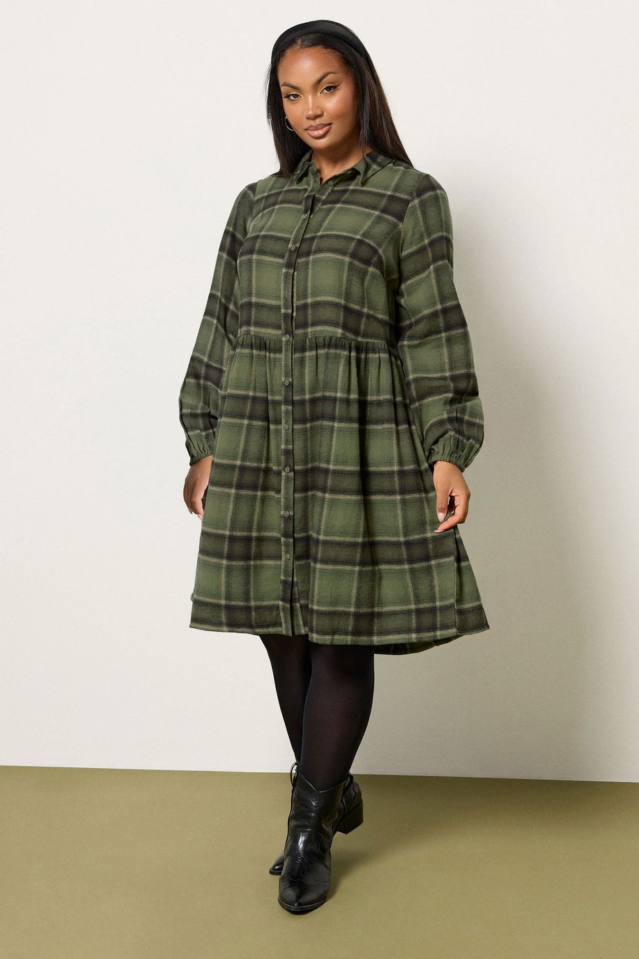 Yours Curve Khaki Green Check Shirt Dress
