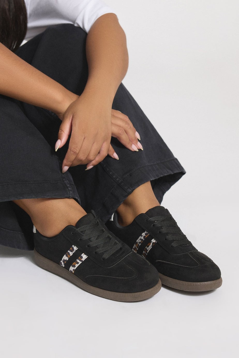 Yours Black Retro Leopard Stripe Trainers In Extra Wide EEE Fit