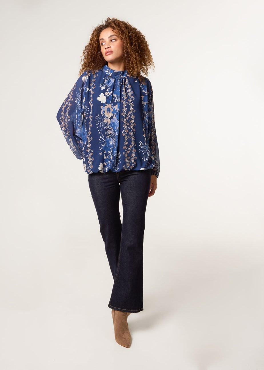 Blue Vanilla Navy High Neck Puffball Floral Blouse