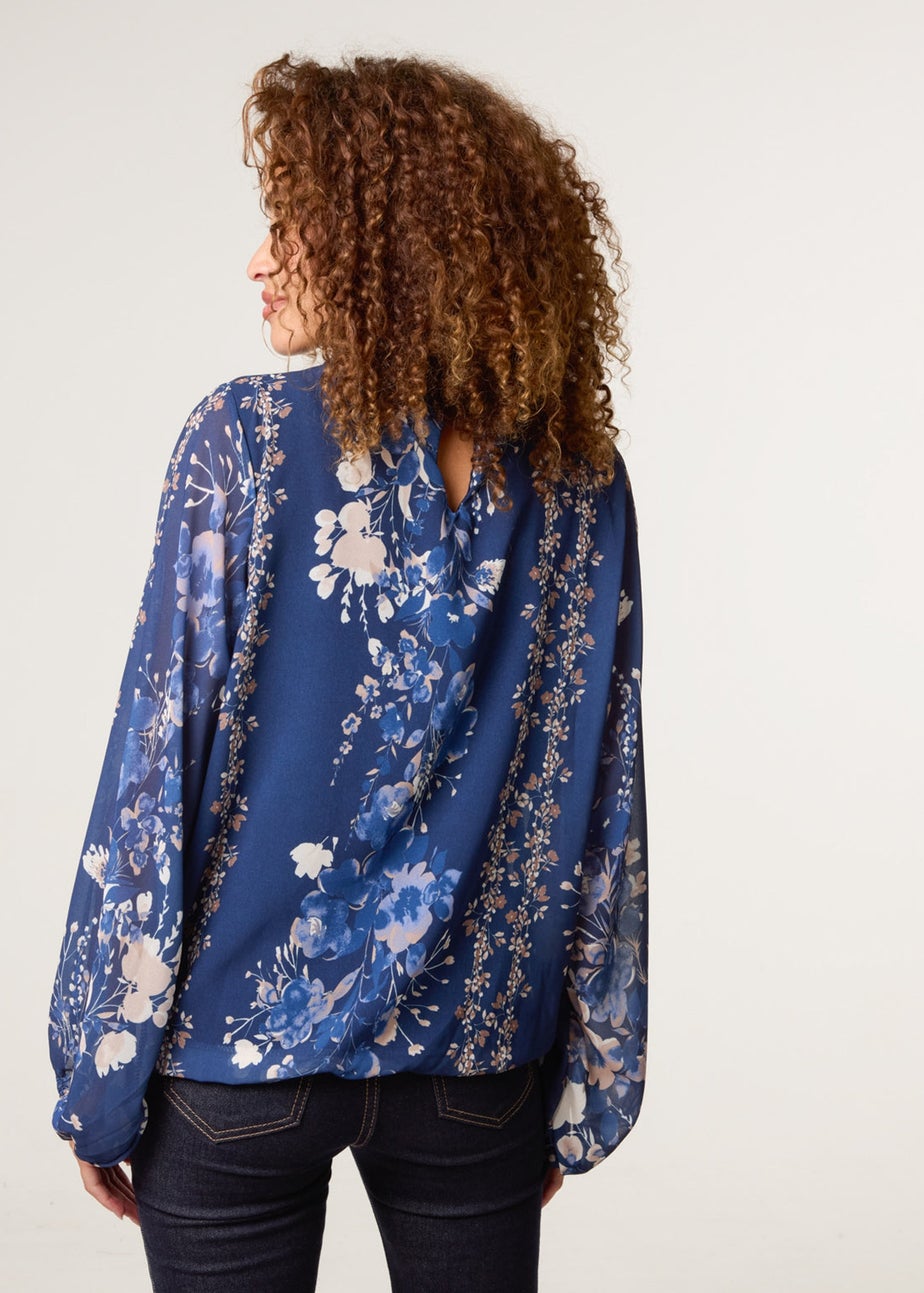 Blue Vanilla Navy High Neck Puffball Floral Blouse