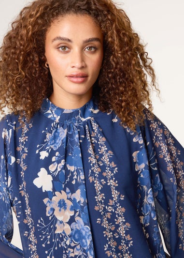 Blue Vanilla Navy High Neck Puffball Floral Blouse