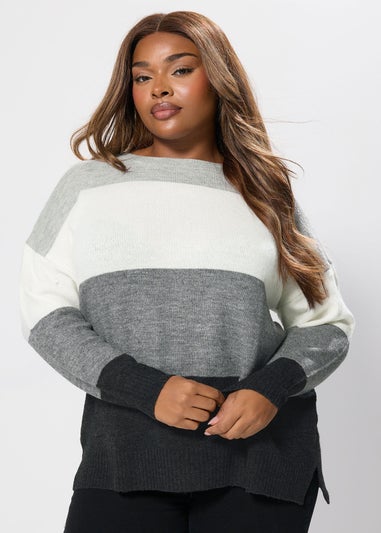 Yours Curve Grey Colourblock Stripe Jumper