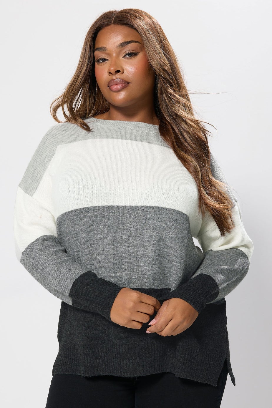 Yours Curve Grey Colourblock Stripe Jumper
