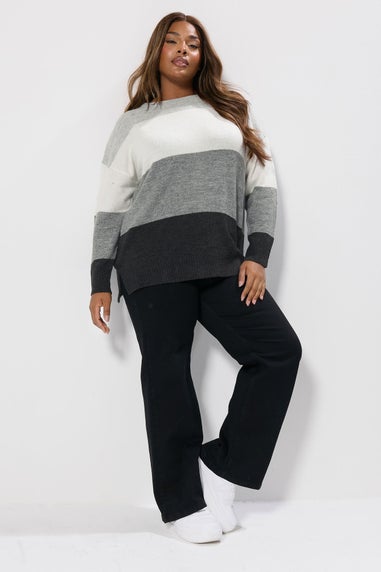 Yours Curve Grey Colourblock Stripe Jumper