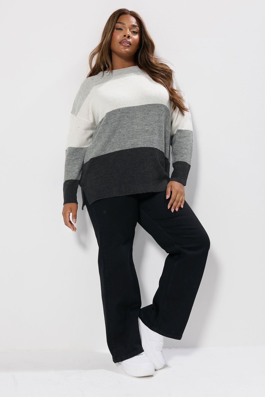 Yours Curve Grey Colourblock Stripe Jumper