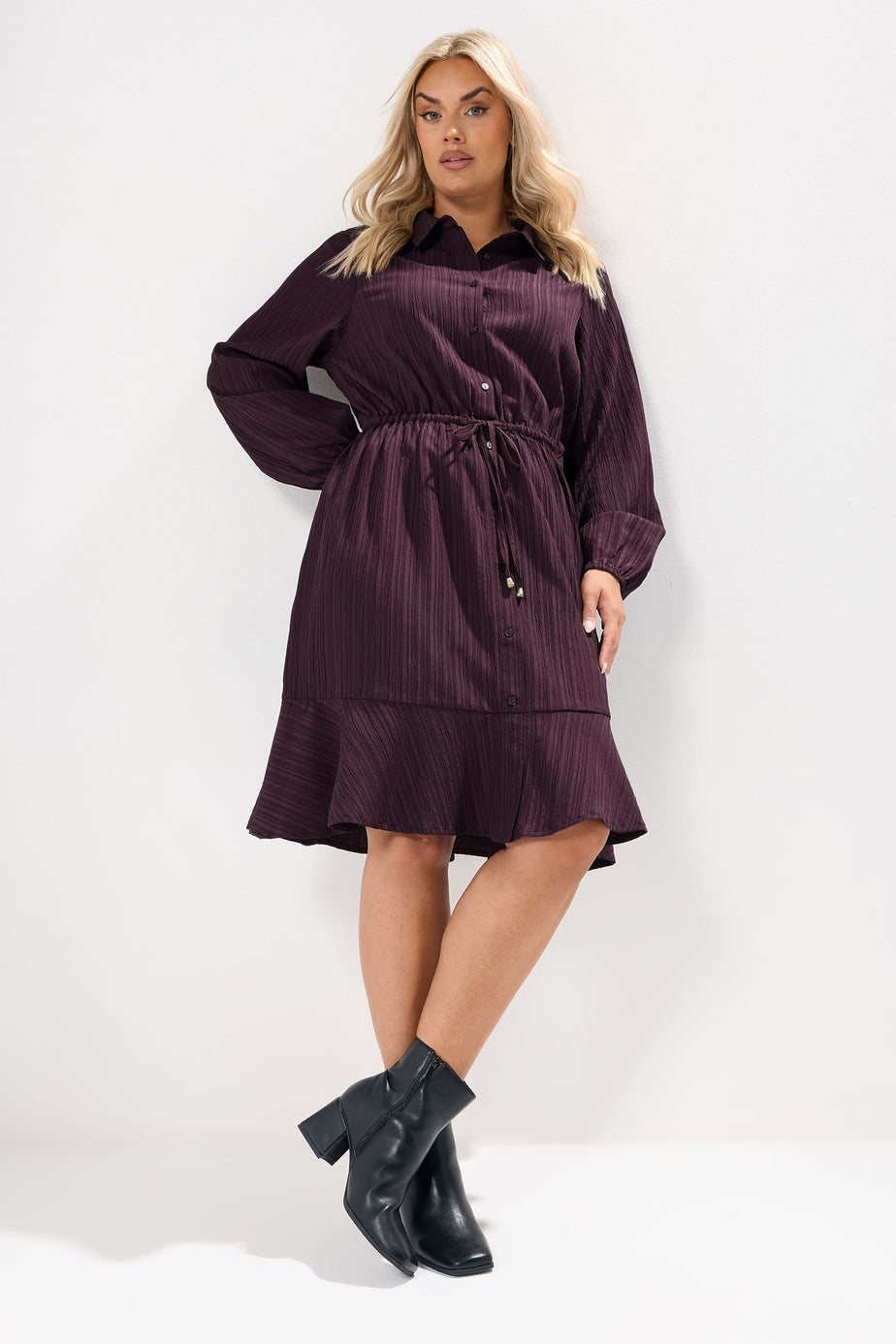 Yours Curve Burgundy Red Textured Shirt Dress