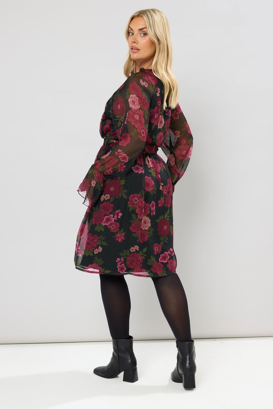 Yours Curve Black Floral Tie Neck Midi Dress