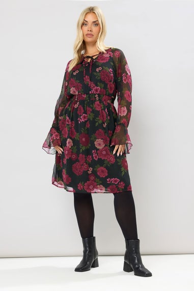 Yours Curve Black Floral Tie Neck Midi Dress
