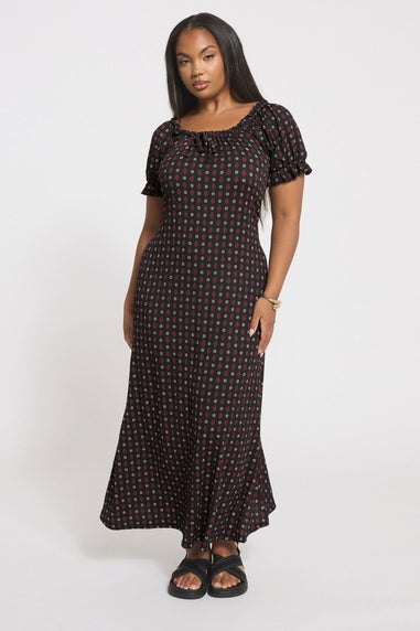 Yours Curve Black Ditsy Textured Milkmaid Dress