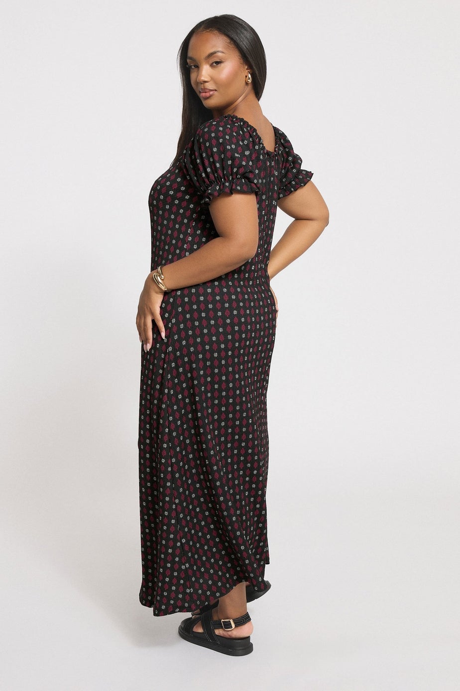 Yours Curve Black Ditsy Textured Milkmaid Dress